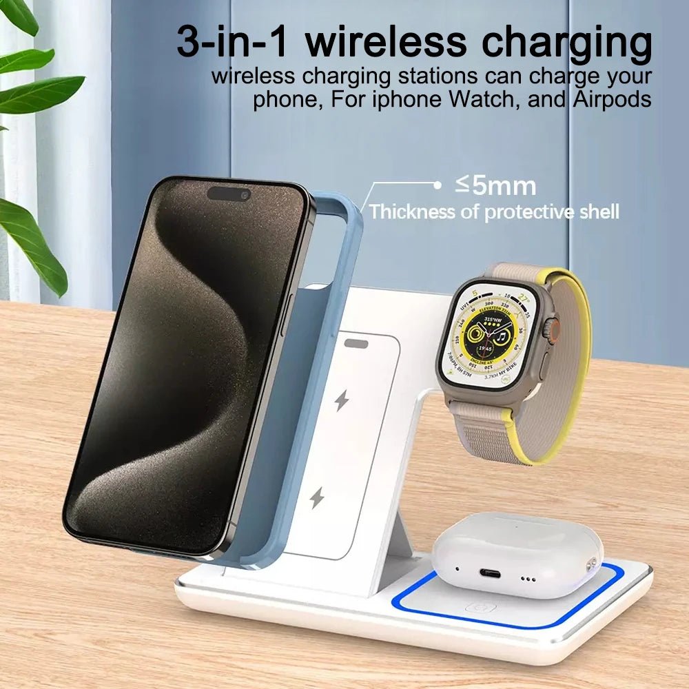 30W LED Wireless Charger 3 in 1 Foldable Charging Station For iPhone 16 15 14 13 12 For IWatch 9 8 7 6 5 4 For Airpods Pro - BSMART