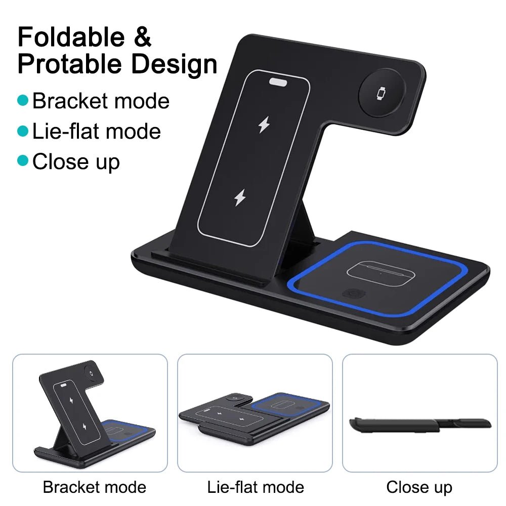 30W LED Wireless Charger 3 in 1 Foldable Charging Station For iPhone 16 15 14 13 12 For IWatch 9 8 7 6 5 4 For Airpods Pro - BSMART