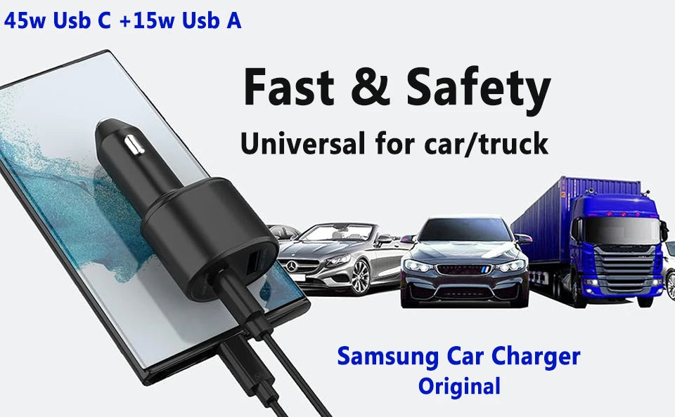 SAMSUNG Car Usb Charger 45w 15w Usb C Quick Fast Charge Adapter Car Cargador Samsung Galaxy S25 Ultra S24 Z Flip A16 A56 A26 A36