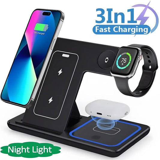 30W LED Wireless Charger 3 in 1 Foldable Charging Station For iPhone 16 15 14 13 12 For IWatch 9 8 7 6 5 4 For Airpods Pro - BSMART