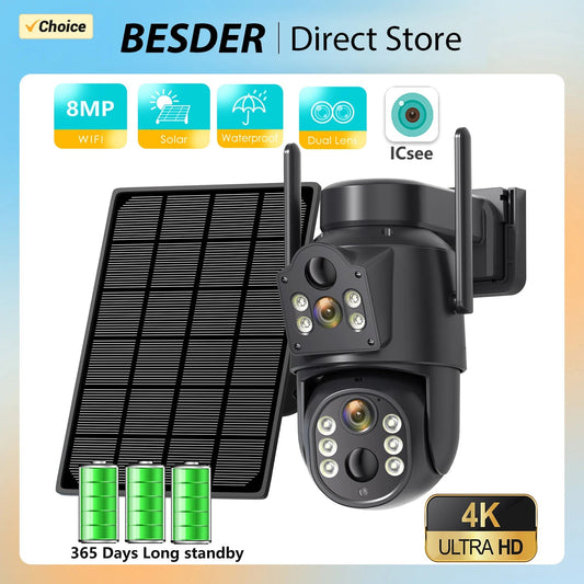 4K HD Solar WiFi Camera Outdoor Built - in Battery Dual Lens 2K Security Camera Solar Panel Wireless Video Surveillance CCTV iCSee - BSMART