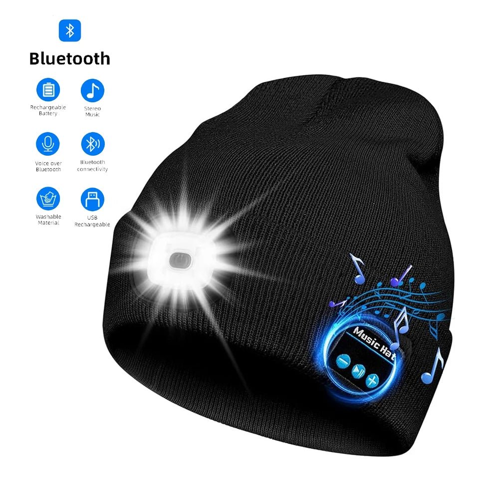 Handfree Warm Beanie Bluetooth 5.0 LED Hat Wireless Stereo Headset Music Player With MIC Support Dimming Rechargeable Battery - BSMART