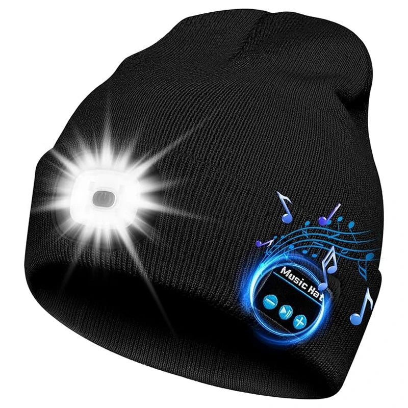 Handfree Warm Beanie Bluetooth 5.0 LED Hat Wireless Stereo Headset Music Player With MIC Support Dimming Rechargeable Battery - BSMART